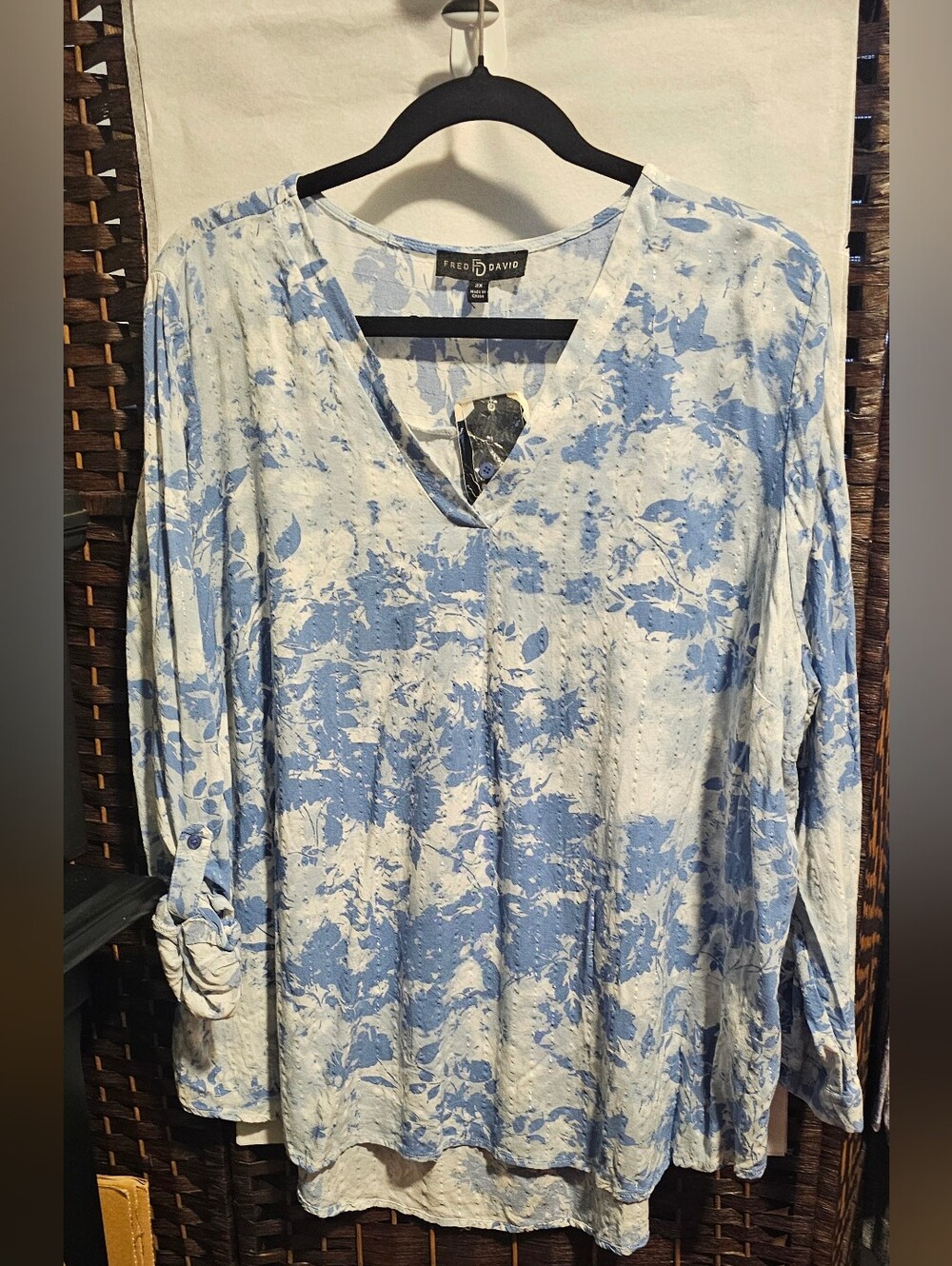 Fred David Blouse 2X Blue Floral Lurex Metallic Shimmer Boho Chic Peasant Tunic